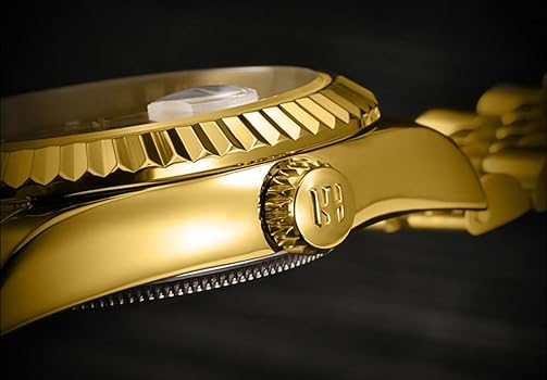 Amazon | HUNRUY 41mm メンズ 金メッキ 自動巻き腕時計 日付